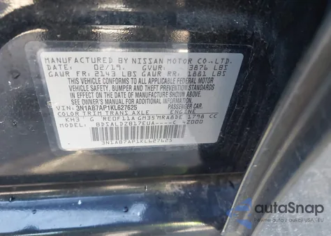 2019 Nissan Sentra Sv из США, поврежденный, VIN 3N1AB7AP1KL627625